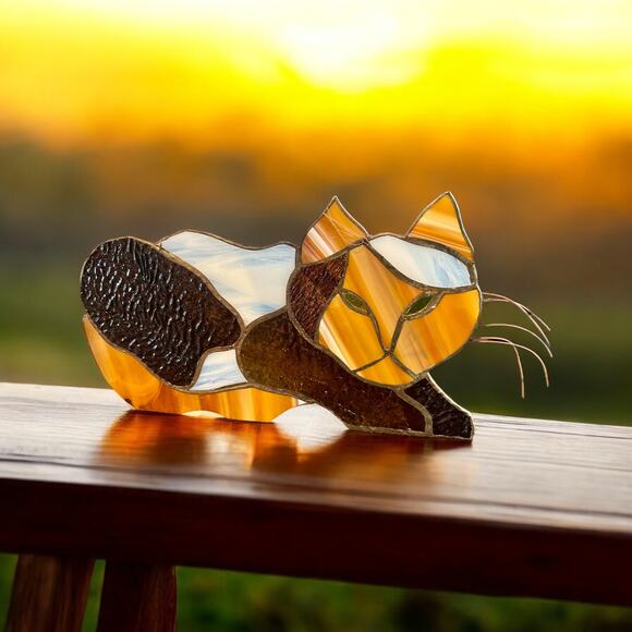 Vintage Stained Glass Cat Suncatcher-Mid Century Modern-Copper Whiskers-16''-MCM - Picture 3 of 5